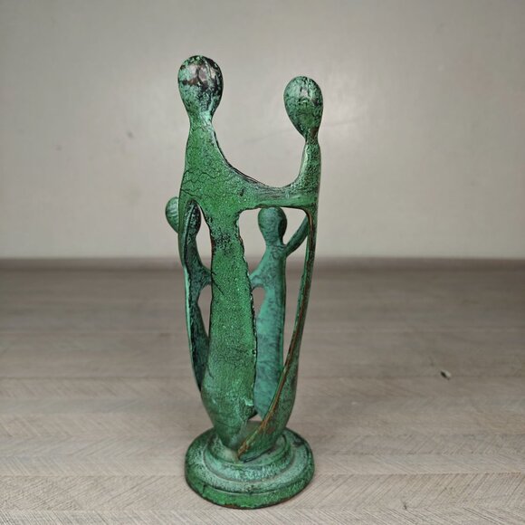 Vintage Abstract Family Sculpture Green Bronze Patina Handmade MCM Statue 9" - Picture 4 of 8